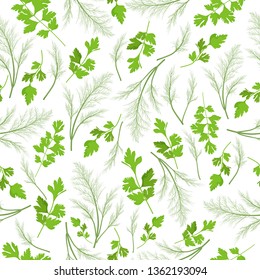 Parsley and dill seamless pattern with healthy full of vitamins greens isolated on white background. Vector cartoon illustration