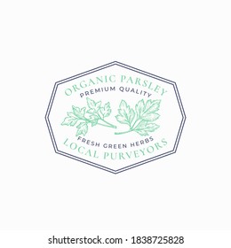 Parsley Frame Badge or Logo Template. Hand Drawn Leaves Branch Sketch with Retro Typography and Borders. Vintage Herbs or Spice Premium Emblem. Isolated.