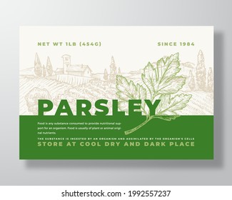 Parsley Label Template. Abstract Vector Packaging Design Layout. Modern Typography Banner with Hand Drawn Herb Leaves and Rural Landscape Background. Isolated.