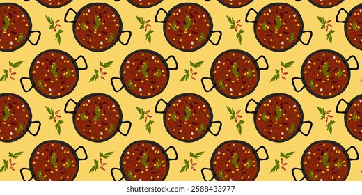 Parsley leaves, chili pepper sliced and Chili con carne cast iron pan Seamless Pattern. Mexican food