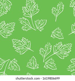 Parsley outline seamless pattern on green background. Simple vector monochrome illustration of vegetable, herbs. 