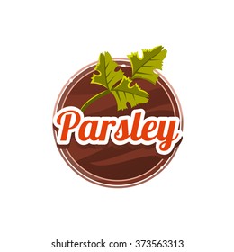 Parsley Spice. Decorative Vector Illustration Stickers with wooden texture and names of spices