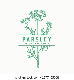 Parsley Stem Vector Sign, Symbol or Label Template. Hand Drawn Green Parsley Branch with Premium Vintage Typography. Isolated.