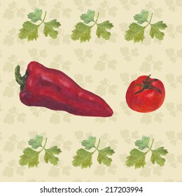 Parsley, tomato, pepper on a patterned background, painted in watercolor