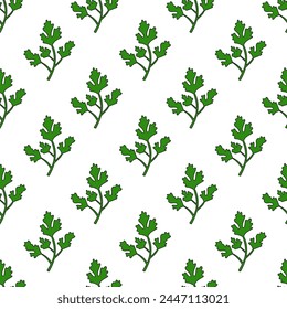 Parsley twig Seamless Pattern. Spice, condiment and herb. Kitchen cooking background. Food Doodle Wallpaper. Vector flat illustration.