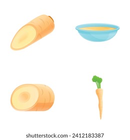 Parsnip dish icons set cartoon vector. Fresh organic parsnip root. Vegetarian vegetable