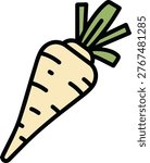 A parsnip icon featuring a fresh root vegetable with vibrant green leaves, perfect for food and health-related designs.