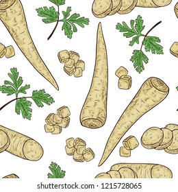 Parsnip. Vegetable. Root, sheet, piece. Set. Sketch. Color. Seamless, texture, background, wallpaper.