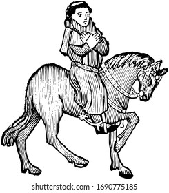 The Parson from Chaucer's Canterbury Tales, this picture shows The Parson riding on horse, kept both hands on chest one upon another, vintage line drawing or engraving illustration