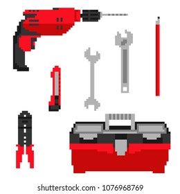 Part 1. Set of isolated construction building tools in 8 bit retro style. Pixel color vector illustration. Repair icons set.