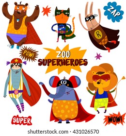 PART 1. Superhero Animals. Awesome Childish Collection  In Cartoon Style With Comic Book Elements -stock Vector