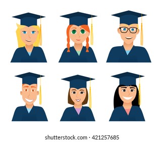 Part 1. University success students graduation avatar. Girl and boy in graduation cap and gown. Dark blue color. Vector illustration on white background. Cartoon style avatars set  alumni.