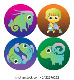 Part of 12 Zodiac. Capricorn Aquarius Pisces Aries vector illustration isolated cartoon hand drawn