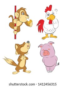 Part of 12 Zodiac. monkey chicken dog pig vector illustration isolated cartoon hand drawn