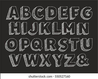 Part 1/3. Vector Hand Drawn Alphabet Chalk Doodle With Hatching Isolated On Black Background, Abc Symbols Sans Serif Font Uppercase And Ampersand