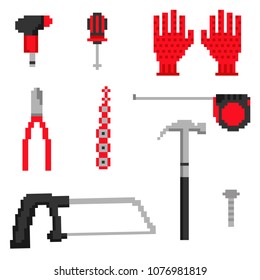 Part 2. Collection of carpenter tools icons in 8 bit retro style isolated on white background. Pixel color vector illustration. Repair service industry
