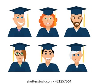 Part 2. University students graduation avatar. Girl and boy graduation cap and gown. Dark blue color. Vector illustration on white background. Cartoon style avatars set. Diverse  graduation students.