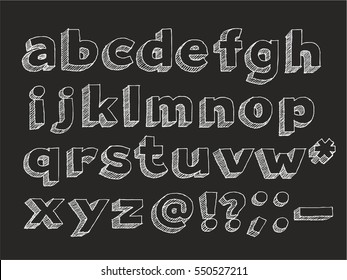 Part 2/3. Vector hand drawn alphabet chalk doodle with hatching isolated on black background, abc sans serif symbols lowercase, question and exclamation mark, dash, punctuation signs and atmark