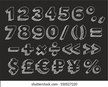 Part 3/3. Vector hand drawn chalk doodle with hatching isolated on black background numbers, brackets, mathematical and money signs: dollar, pound sterling, euro, ruble and the yen