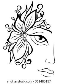 Part of abstract black and white women face with floral accessories, hand drawing vector outline artwork