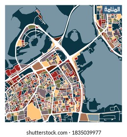 Part of Al Manama city in Bahrain colorful abstract map with title in Arabic (Bahrain)