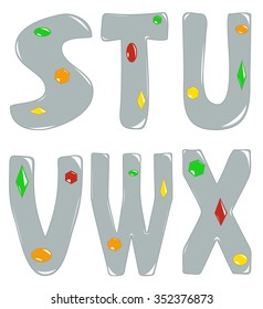 Part of alphabet, cartoon letters silver with gemstones. Vector illustration