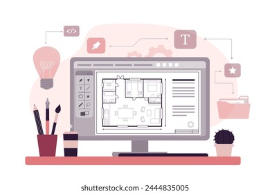 Part of architectural project, architectural plan on monitor screen. Technical project, drawing technical letters, architect workplace, Architecture planning on display, construction plan. flat vector