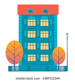 Part of the autumn city: a building with four floors, yellow trees and a street lamp. Vector colorful flat illustration for design.