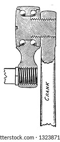 A part of an axle or shaft bent out at right angles, for converting reciprocal to circular motion and vice versa, vintage engraved line art illustration. Bicycle Accessories 1900.