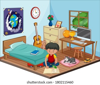 Part of bedroom of children scene with a boy in cartoon style illustration