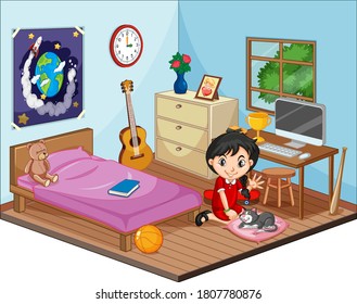 Part of bedroom of children scene with a girl in cartoon style  illustration