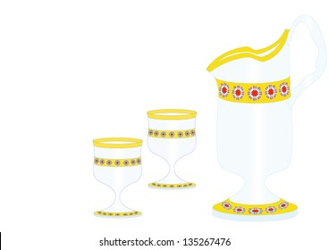 Part of beverage sets, two glasses and a pitcher decorated with ornament and gold trim, designed for all drinks