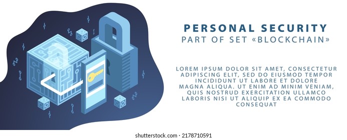 Part of the blockchain set. Cryptography and decentralization. Vector illustration in blue colors. Template for banner or website.