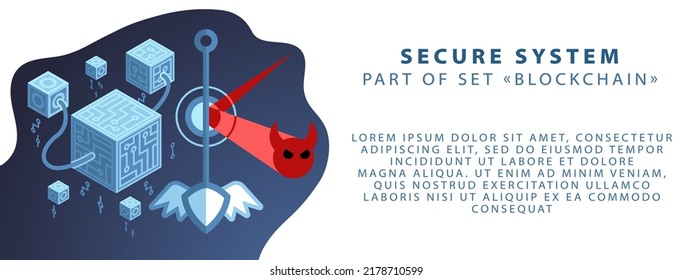 Part of the blockchain set. Cryptography and decentralization. Vector illustration in blue colors. Template for banner or website.