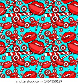 Part of the body, the expression of the lips, to lick the Lollipop. Abstract white seamless background of candy and lips. blue backgraund