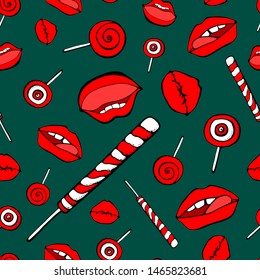 Part of the body, the expression of the lips, to lick the Lollipop. Abstract white seamless background of candy and lips.