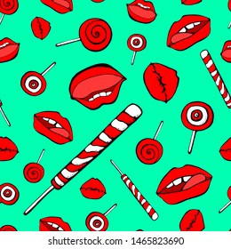 Part of the body, the expression of the lips, to lick the Lollipop. Abstract white seamless background of candy and lips.