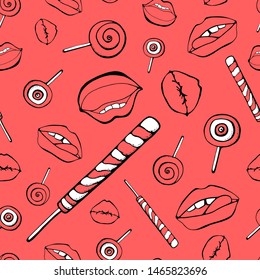 Part of the body, the expression of the lips, to lick the Lollipop. Abstract white seamless background of candy and lips.