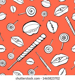 Part of the body, the expression of the lips, to lick the Lollipop. Abstract white seamless background of candy and lips.