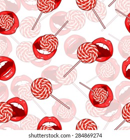 Part of the body, the expression of the lips, to lick the Lollipop. Abstract seamless background of candy and lips.