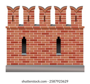 Part of a brick fortress wall with loopholes on white background. Vector illustration