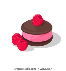 Part of cake with raspberry design. Birthday or wedding cake slice, chocolate dessert cookies, raspberry and chocolate, food sweet pie with, cream and fruit vector illustration