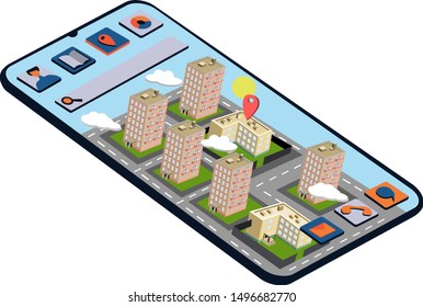 Part of the city building, street and destination. Navigation map and other applications.