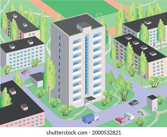Part of city. Urban architectural design. Vector 3d illustration