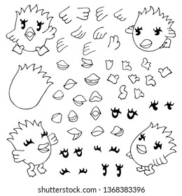 Part for the compilation of the character chicken. Vector body parts of a small bird. Wings, beak, paws, eyes, torso. Hand drawing, doodles, children's character.