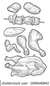 Teilschneiden von geröstetem Huhn - ganz, Bein, Flügel und Brusthälften. Ganzes und halbes Hühnernugget. Vintage Vektorgrafik schwarze Graviergrafik. Einzeln auf weißem Hintergrund.