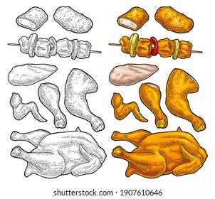 Part cutting of roasted chicken - whole, leg, wing and breast halves. Whole and half chicken nugget. Vintage vector color engraving illustration. Isolated on white background.