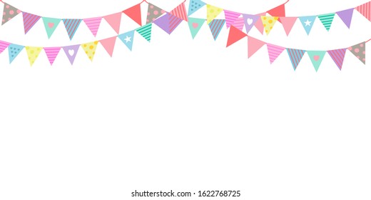 Part decorating concept with pastel pennants hanging above. Vector illustration with copy space for your text. Greeting or Party invitation with carnival flag garlands.