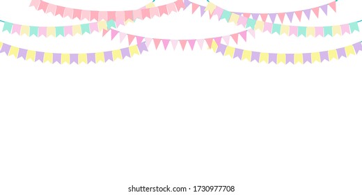 Part decorating concept with pastel pennants hanging above. Vector illustration with copy space for your text. Greeting or Party invitation with carnival flag garlands.