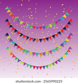 Part decorating concept with rainbow pennants hanging above. Vector illustration. Party invitation with carnival flag garlands.